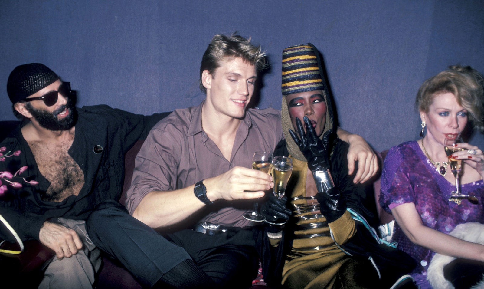 Дольф Лундгрен и Грейс Джонс на новогодней вечеринке в ньюйоркском клубе Visage 1985