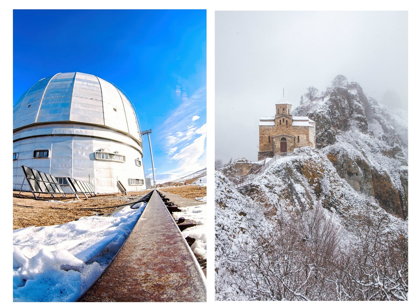 Слева Специальная астрофизическая обсерватория РАН. Справа Георгиевский храм на горе Шоана.
