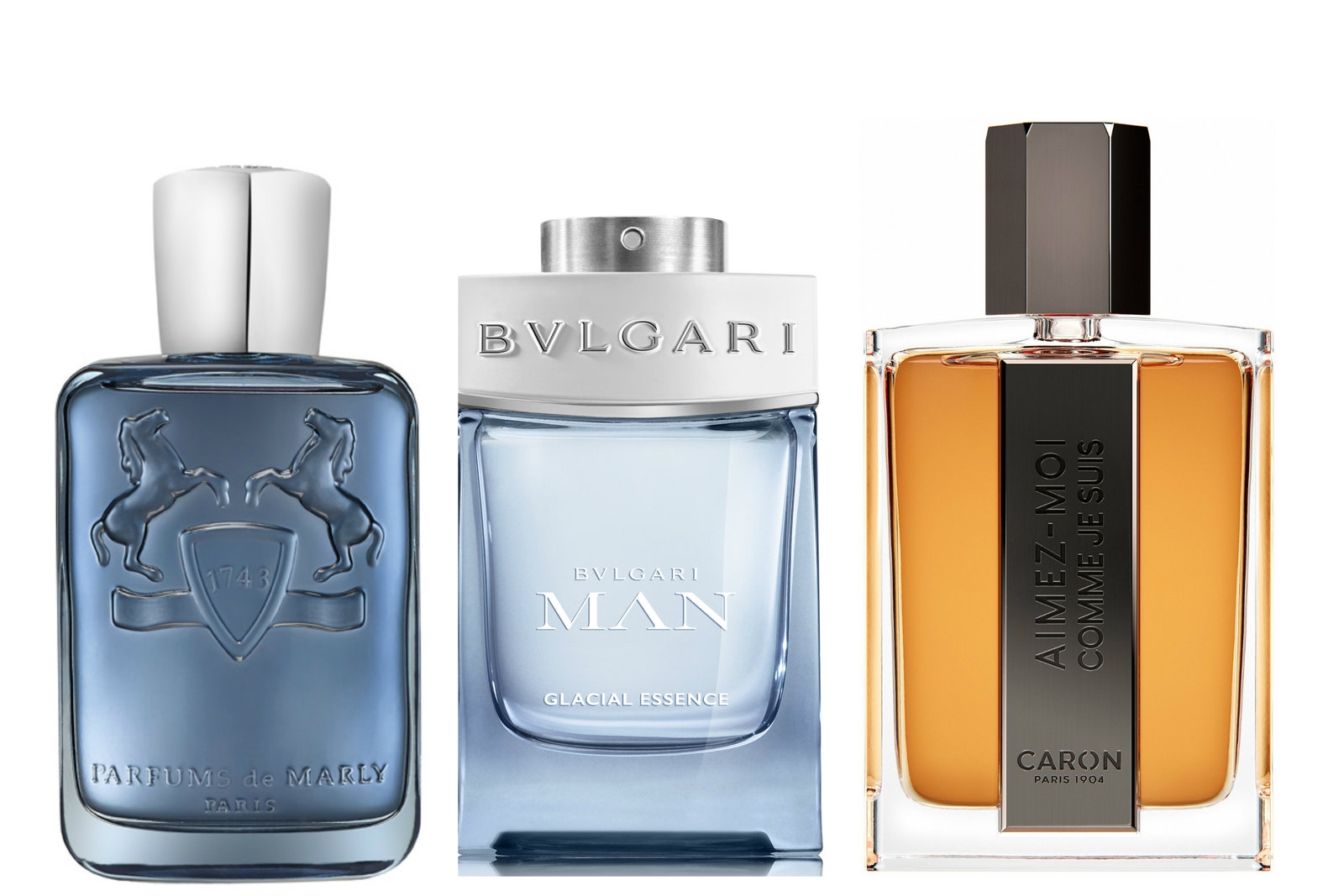 Слева направо аромат Parfums de Marly Sedley Bvlgari Man Glacial Essence Caron Aimezmoi Comme Je Suis.