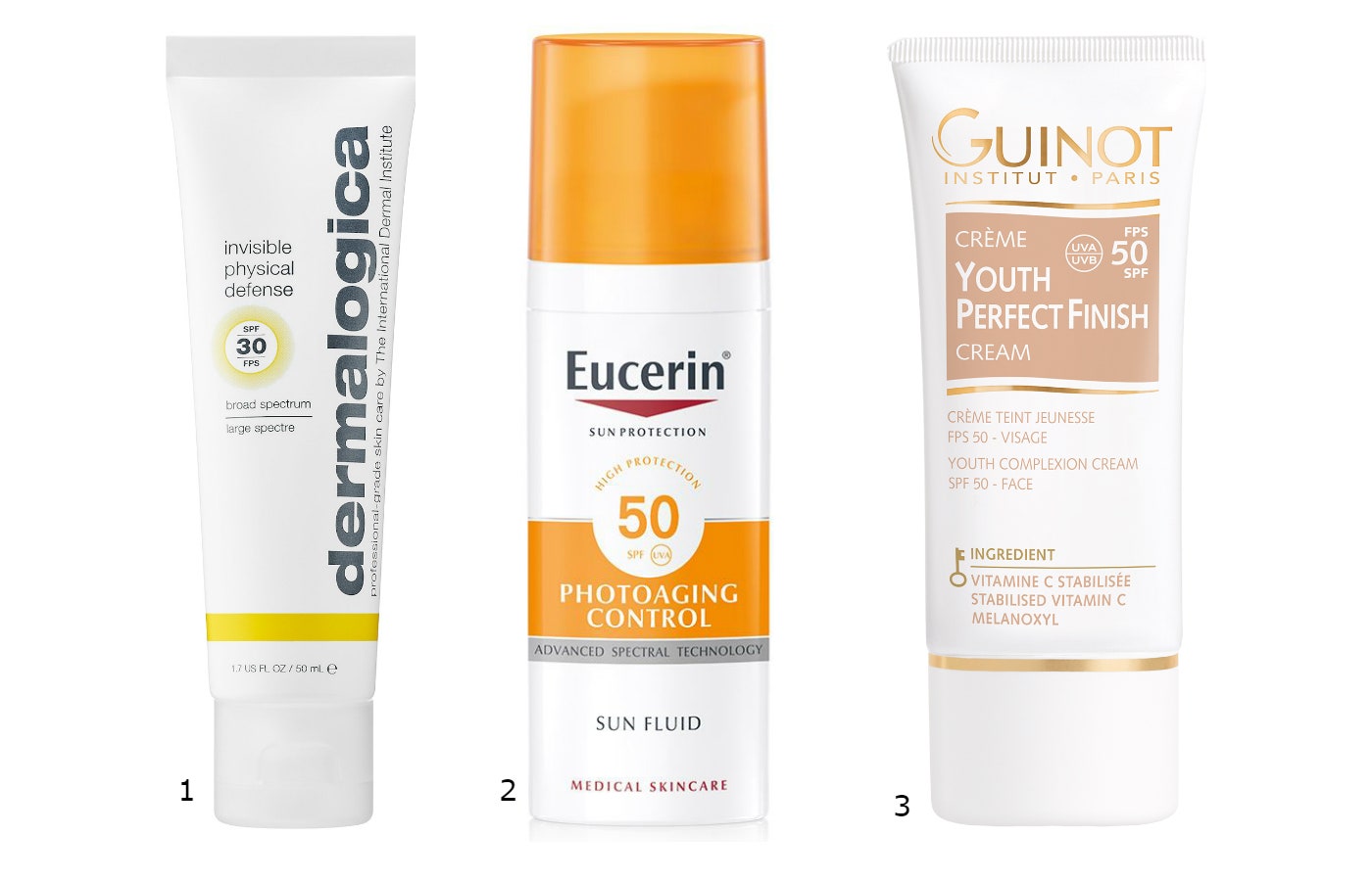 1.Dermalogica Invisible Physical Defense SPF 30 2.Eucerin Photoaging Control SPF 50 3.Guinot Youth Perfect Finish SPF 50.