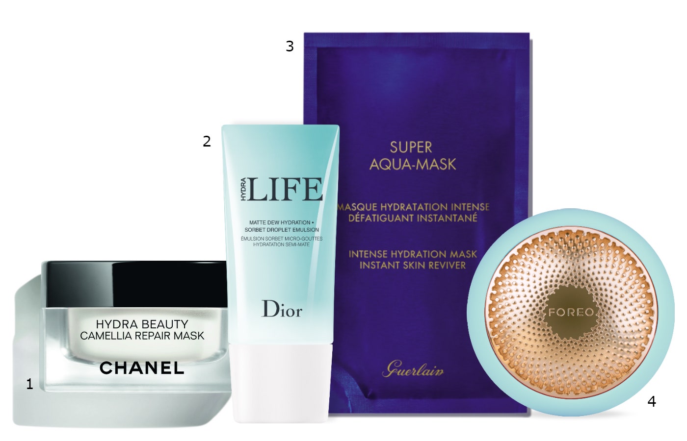 1.Chanel Hydra Beauty Camellia Repair Mask 2.Dior Hydra Life Sorbet Droplet Emulsion 3.Guerlain Super AquaMask 4.Foreo...