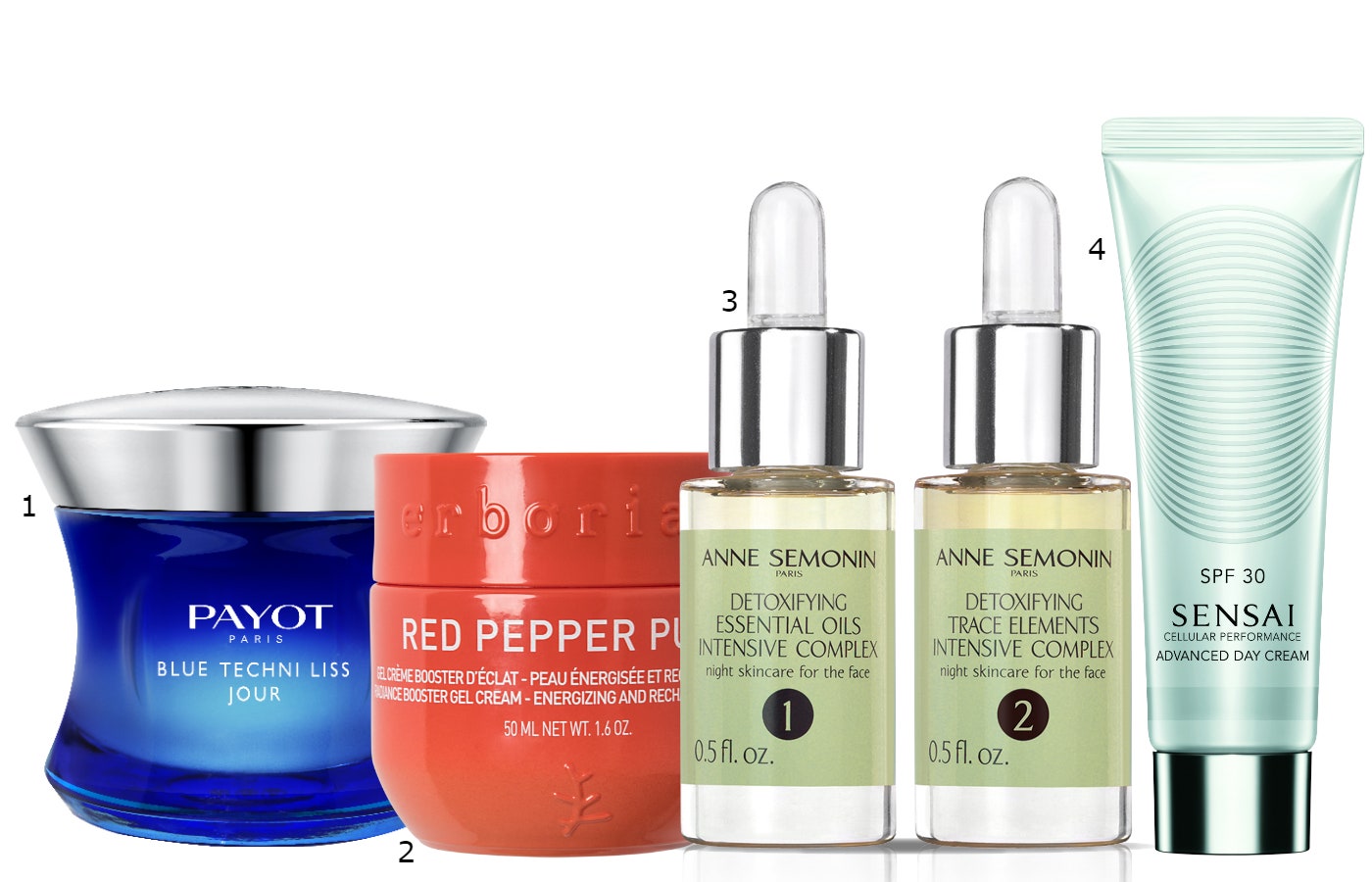 1.Дневной крем Payot Blue Techni Liss Jour 2.Гелькрем для лица Erborian «Красный перец» 3.Интенсивный детокскомплекс...