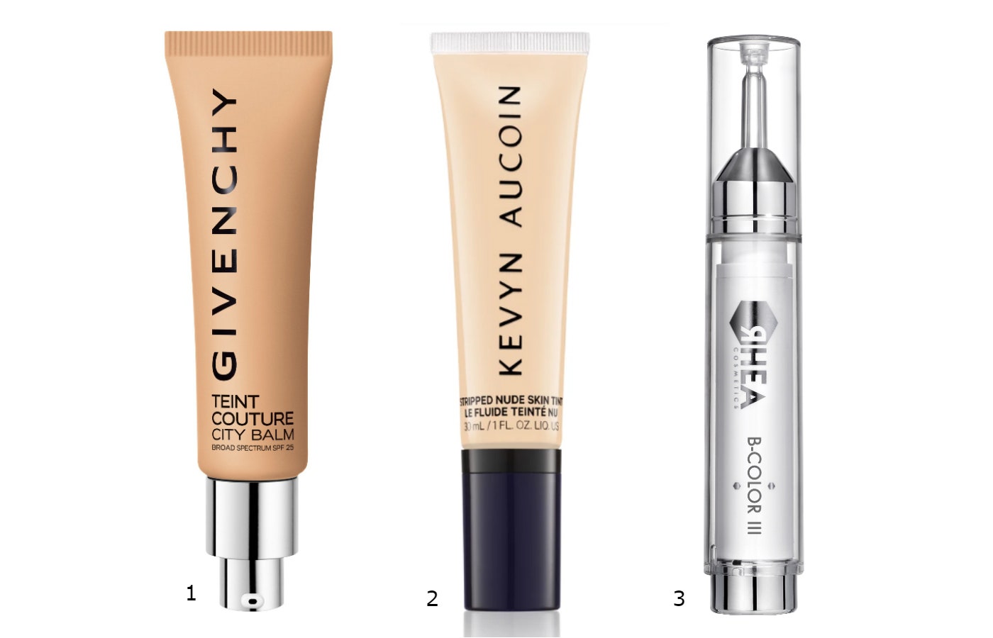 1.Givenchy City Balm 2.Kevyn Aucoin Stripped Nude Skin Tint 3.Rhea BColor.