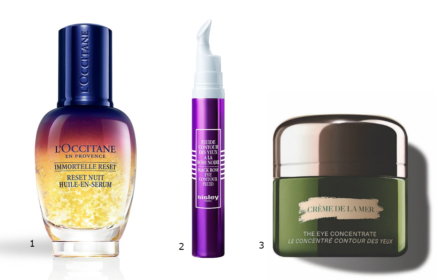 1.L'Occitane «Мгновенная перезагрузка кожи» 2.La Mer The Eye Concentrate 3.Sisley Black Rose Eye Contour Fluid.