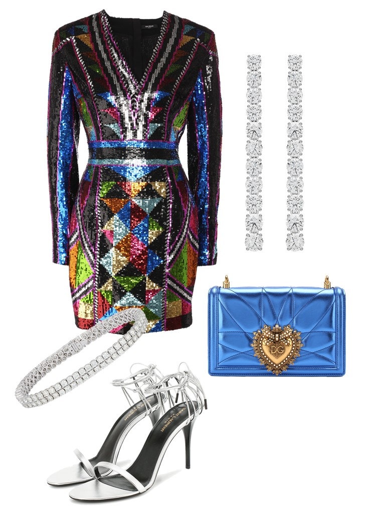 Платье Balmain босоножки Saint Laurent сумка Dolce amp Gabbana браслет и серьги Mercury