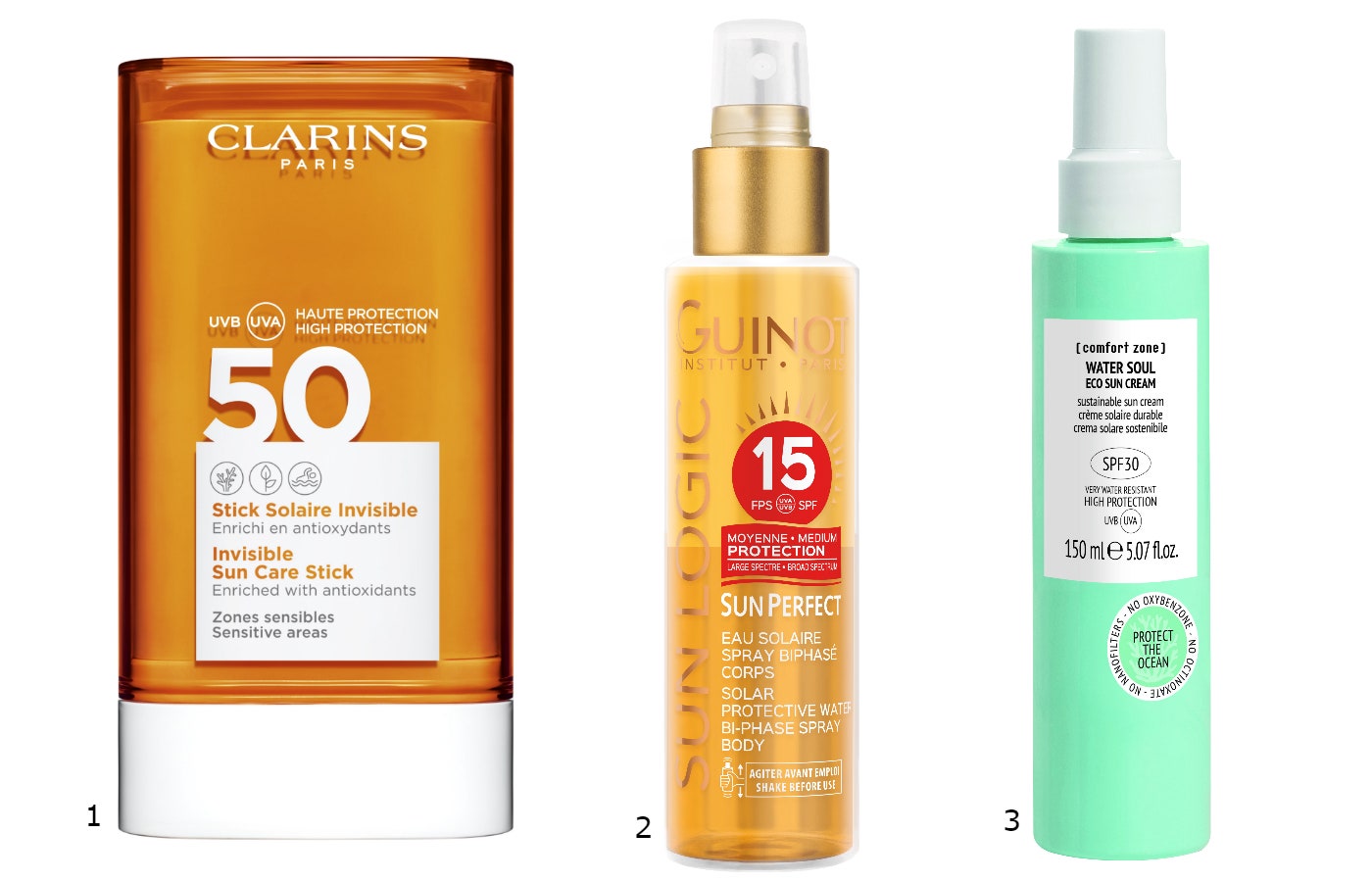 1.Clarins Stick Solaire Invisible SPF 50 2.Guinot Eau Solaire Spray Biphase Corps SPF 15 3.  comfort zone  Water Soul SPF 30
