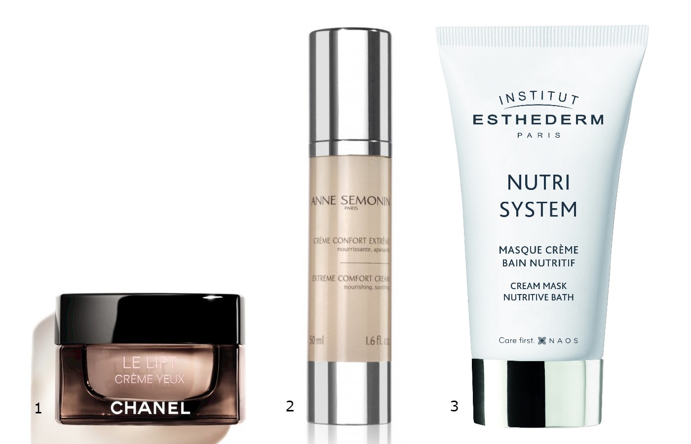 Chanel Le Lift Yeux 2. Anne Semonin Extreme Comfort Cream 3. Institut Esthederm Nutri System Cream Mask Nutritive Bath
