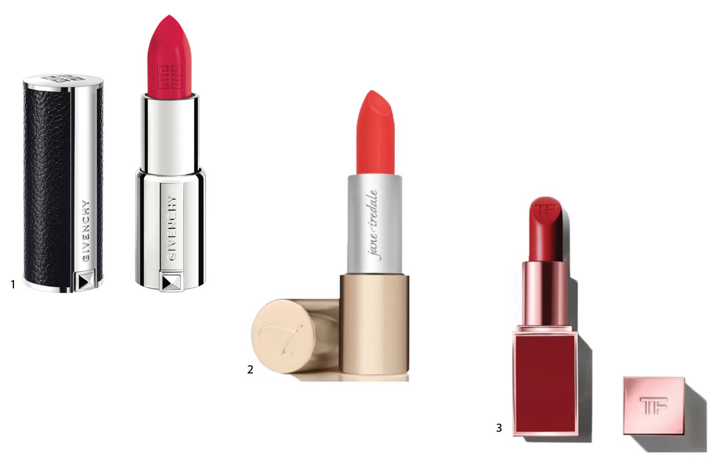 1.Givenchy Le Rouge Carmin Escarpin 2.Tom Ford Lip Color Lost Cherry 3.Jane Iredale Triple Luxe Lipstick Ellen