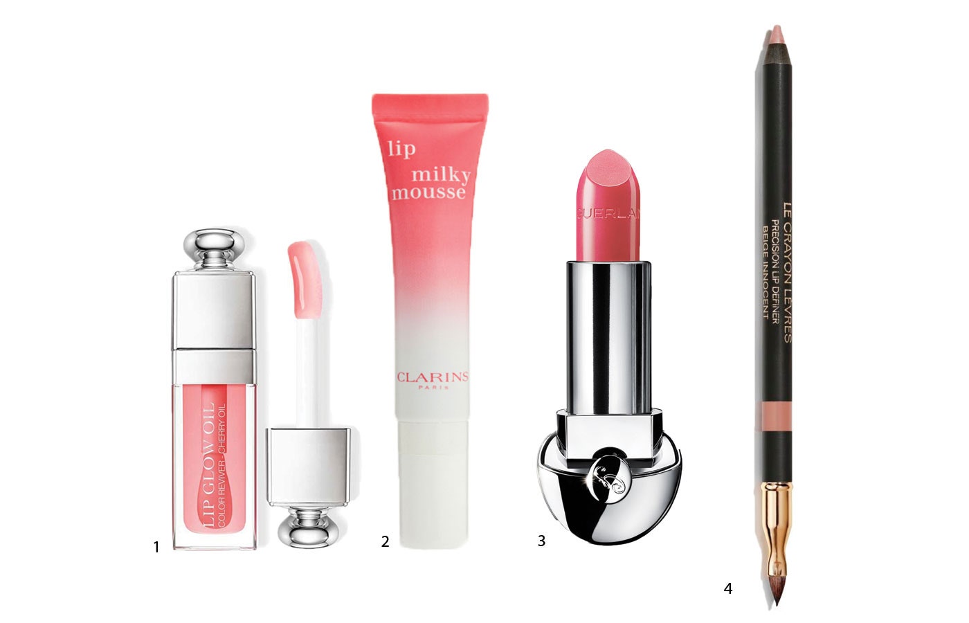 1.Dior Lip Glow Oil Pink 2.Clarins Lip Milky Mousse 03 3.Guerlain Rouge G 62 4.Chanel Le Crayon Lèvres Rose Naturel
