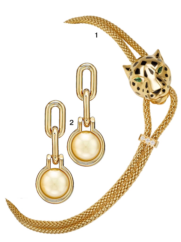 Золотое колье Panthère de Cartier с ониксом цаворитами и бриллиантами Cartier. 2. Золотые серьги Hardwear с жемчугом...