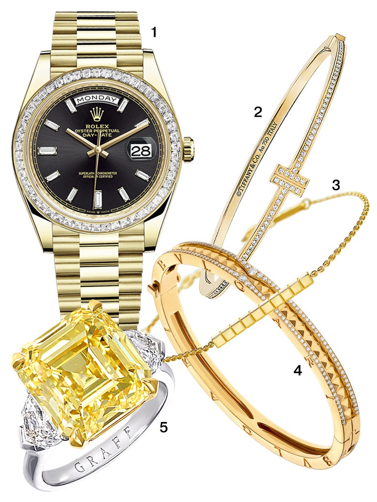 Золотые часы DayDaye с бриллиантами Rolex. 2. Золотой браслет Tiffany T с бриллиантами Tiffany amp Co. 3. Золотой...