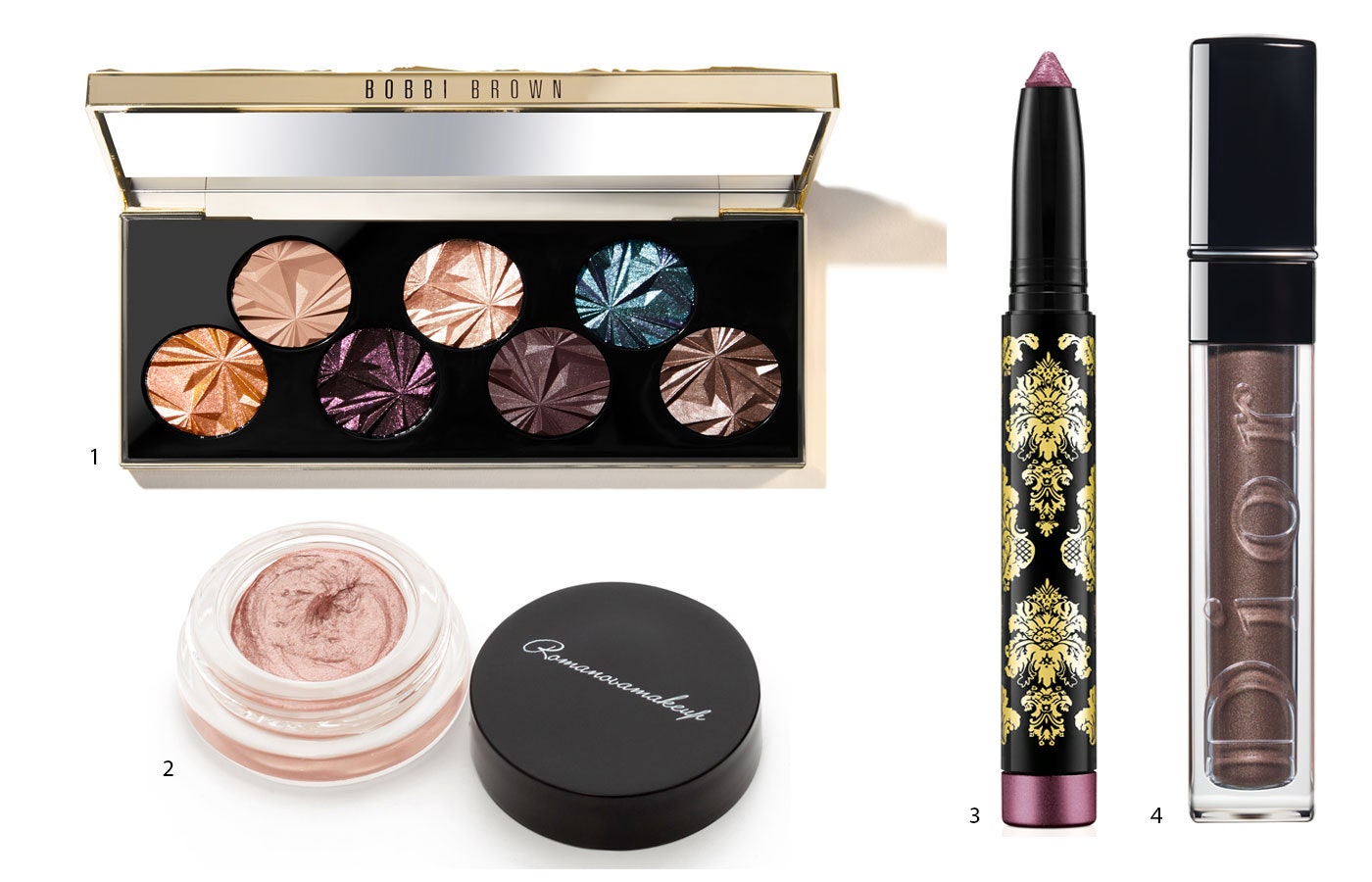 Палитра теней Bobbi Brown Luxe Gems Eye Shadow Palette. 2. Кремовые тени Romanovamakeup Sexy Eye Cream Metallizer Pink...