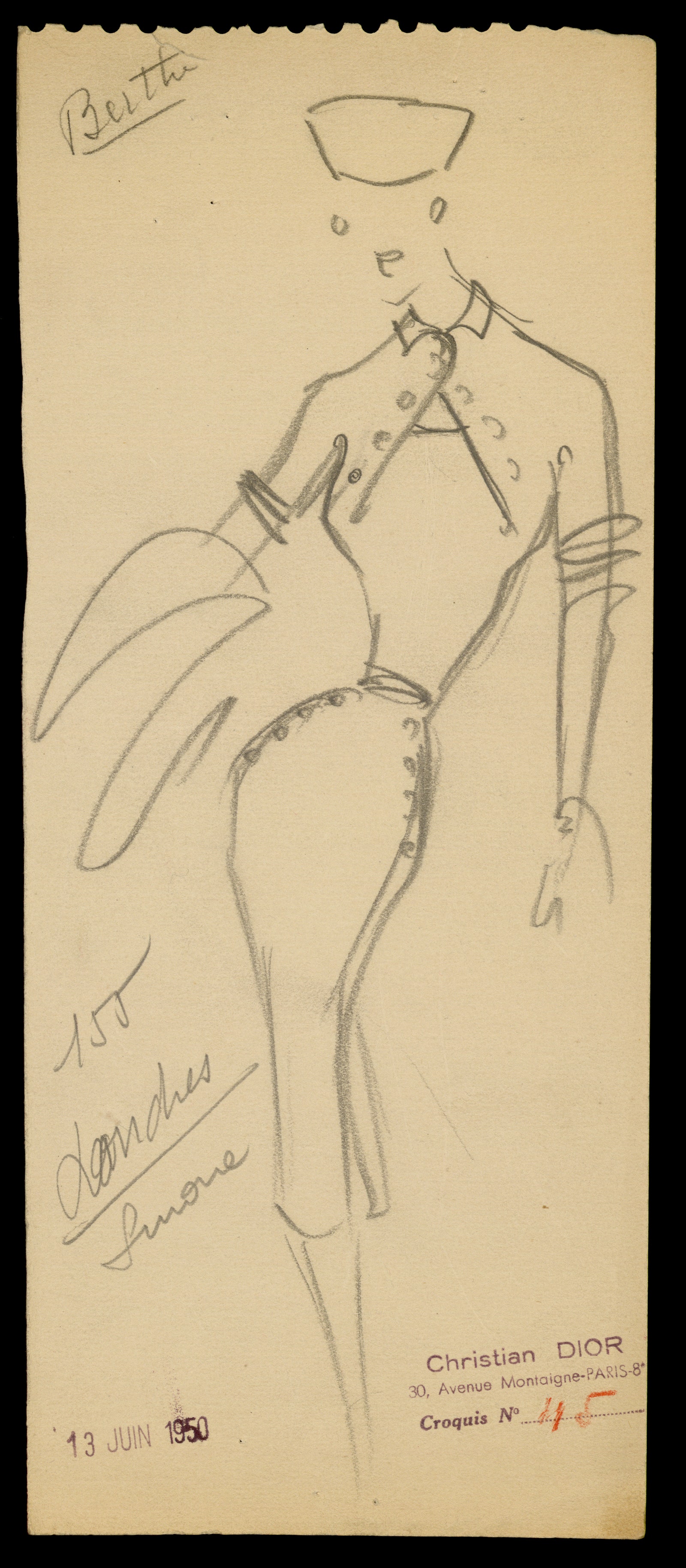 Эскиз Кристиана Диора для кутюрной коллекции 1950.