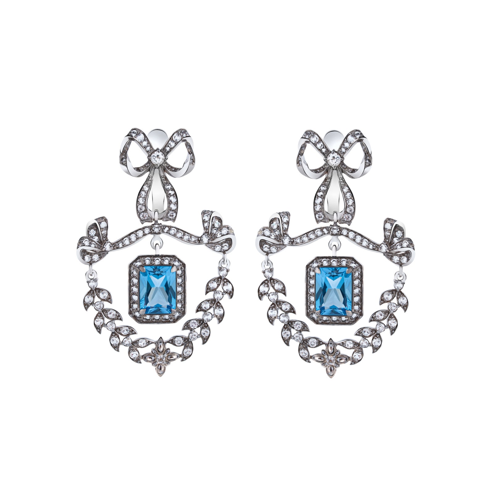 Серьги «Bows» из позолоченного серебра с голубыми и бесцветными топазами коллекция Romanovs