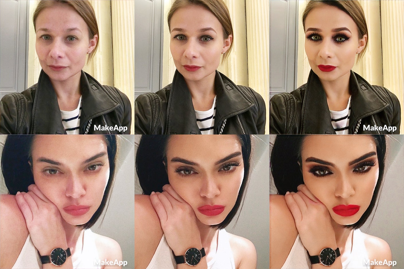 Ксения Щеглова загрузила в приложение MakeApp свое селфи. Наверху в центре  ее фото с макияжем без компьютерной...