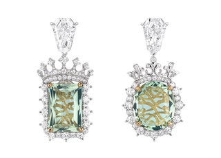 Серьги Cachette Bryl Vert — белое золото желтое золото бриллианты и зеленые бериллы.