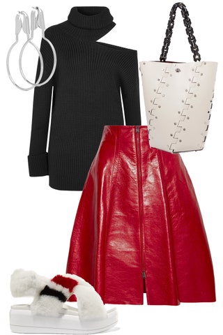 Водолазка Monse серьги Balenciaga сумка Proenza Schouler юбка Fendi шлепки Prada.