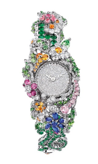 Часы Clairière Diamant High Jewellery Timepiece из белого золота с изум­рудами цаворитами спессартинами сапфирами...