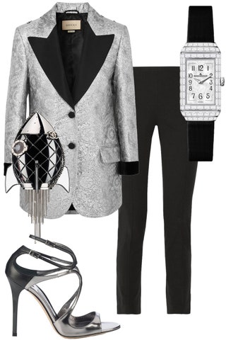 Жакет Gucci сумка Chanel босоножки Jimmy Choo брюки Michael Cors Collection часы JaegerLeCoultre.