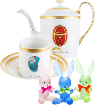 Чашка с блюдцем и чайник Faberge фигурки Daum в виде зайцев.