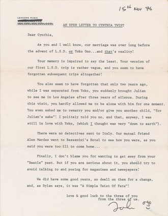 Письмо Джона Леннона первой жене впервые опубликовано