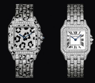 Часы Panthere de Cartier модель из белого золота с узором «пятна пантеры» и модель из белого золота с белыми бриллиантами.