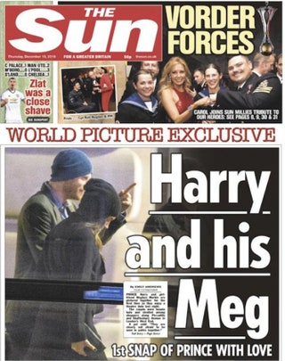 Первый совместный кадр принца Гарри и Меган Маркл на обложке таблоида The Sun.