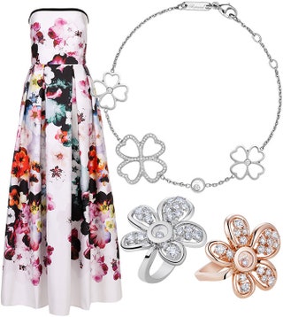 Платье Elie Saab браслет Chopard с белыми бриллиантами кольца Chopard Happy Diamonds из белого и розового золота с...