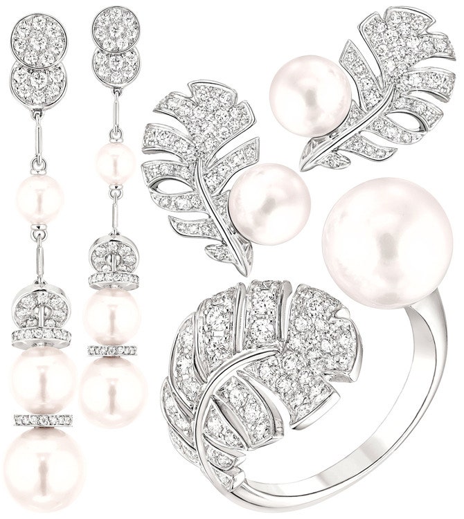 Серьги и кольцо из белого золота с японским жемчугом и бриллиантами Les Icones de Chanel