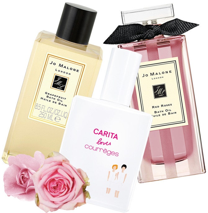 Успокаивающие масла для ванны «Грейпфрут» и «Красные розы» от Jo Malone и сухое масло Carita Fluide de Beaute 14 от Carita