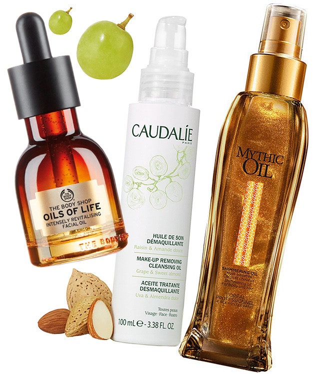 Питающее масло для лица Oils of Life от The Body Shop масло для снятия макияжа от Caudalie и мерцающее масло для волос и...