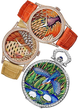 Часы Kingfisher  и две модели с фазаньими перьями на циферблате от Patek Philippe.