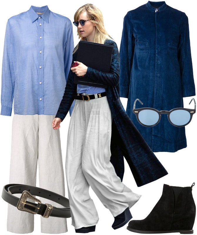 Рубашка Arts amp Science брюки Maison Margiela ремень Saint Laurent пальто Dosa очки Thom Browne и полусапожки Buttero