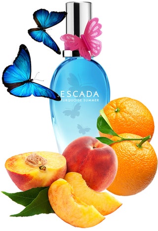 Фруктовый аромат Turquoise Summer от Escada с нотами апельсина персика и листьев фиалки.
