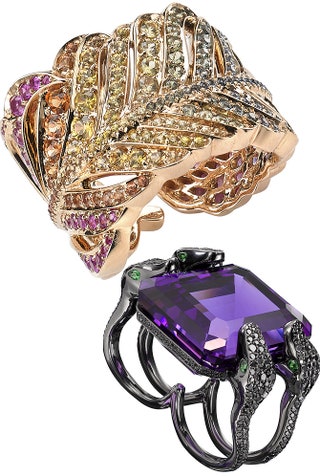 «Огненное» кольцо с красными и желтыми сапфирами и кольцо с драгоценными змеями.
