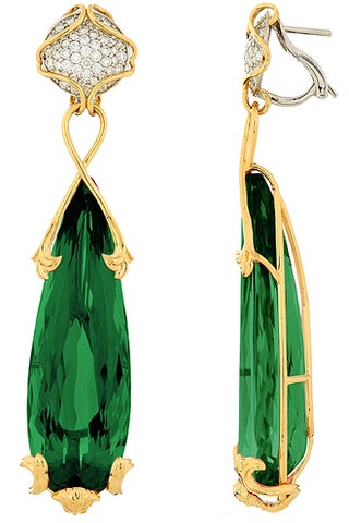Серьги Versace Haute Couture желтое золото белые бриллианты ювелирные зеленые оливины в 17 карат.