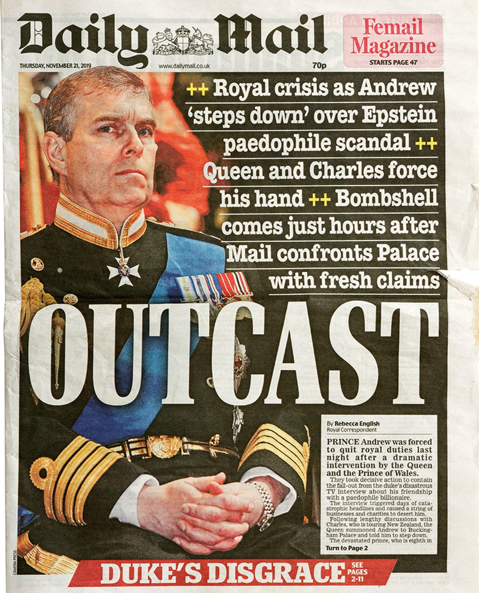 Газета Daily Mail о скандале с принцем 2019.